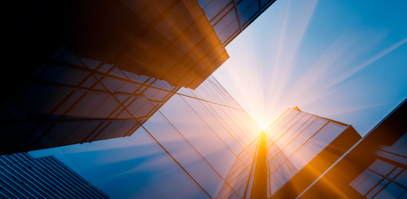 Upward view of tall glass buildings