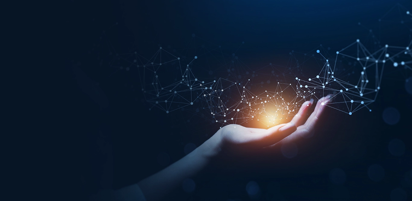 Hand holding a glowing network